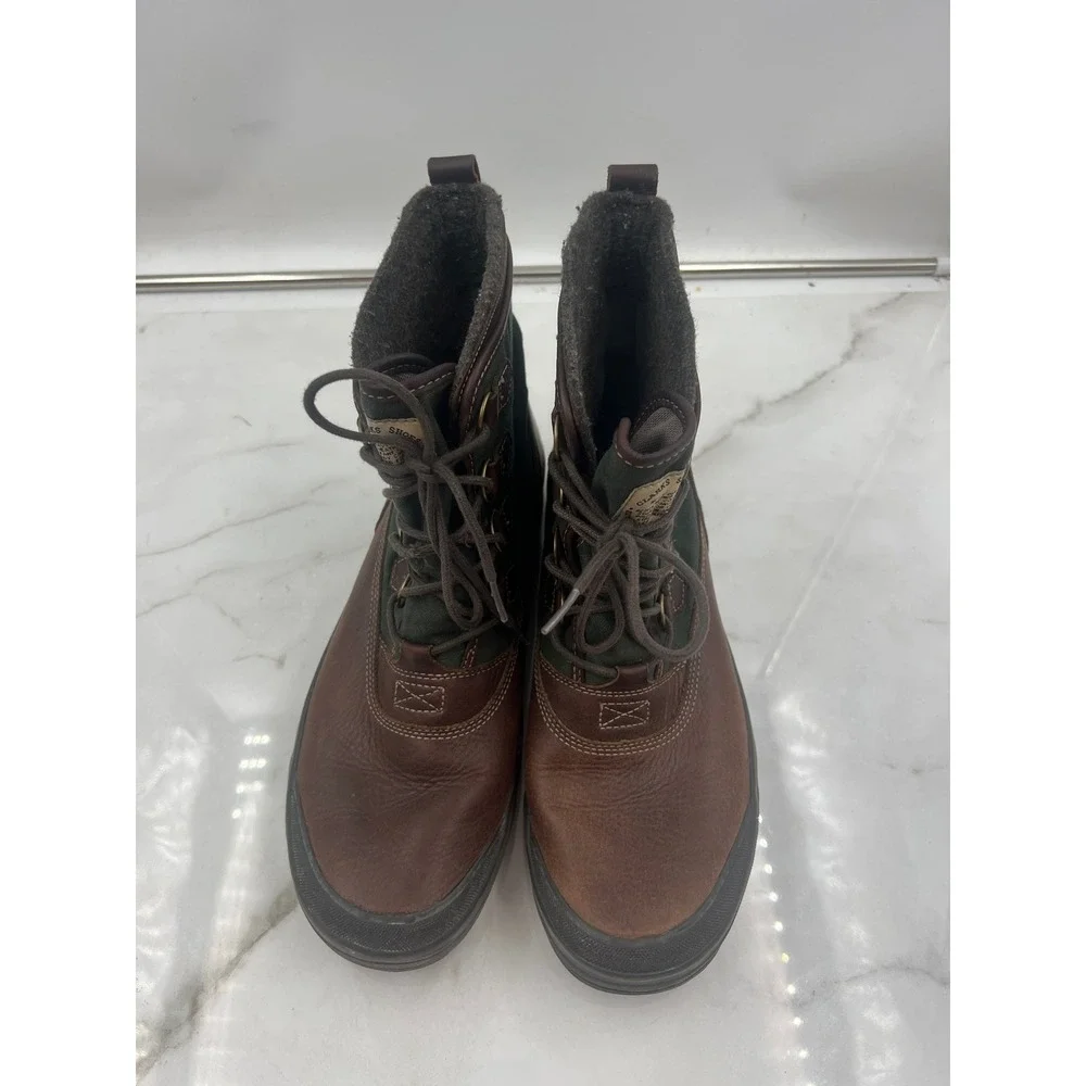 Vintage Clarks Green Canvas Brown Leather Wool Lined Boots 11.5 M Waterproof